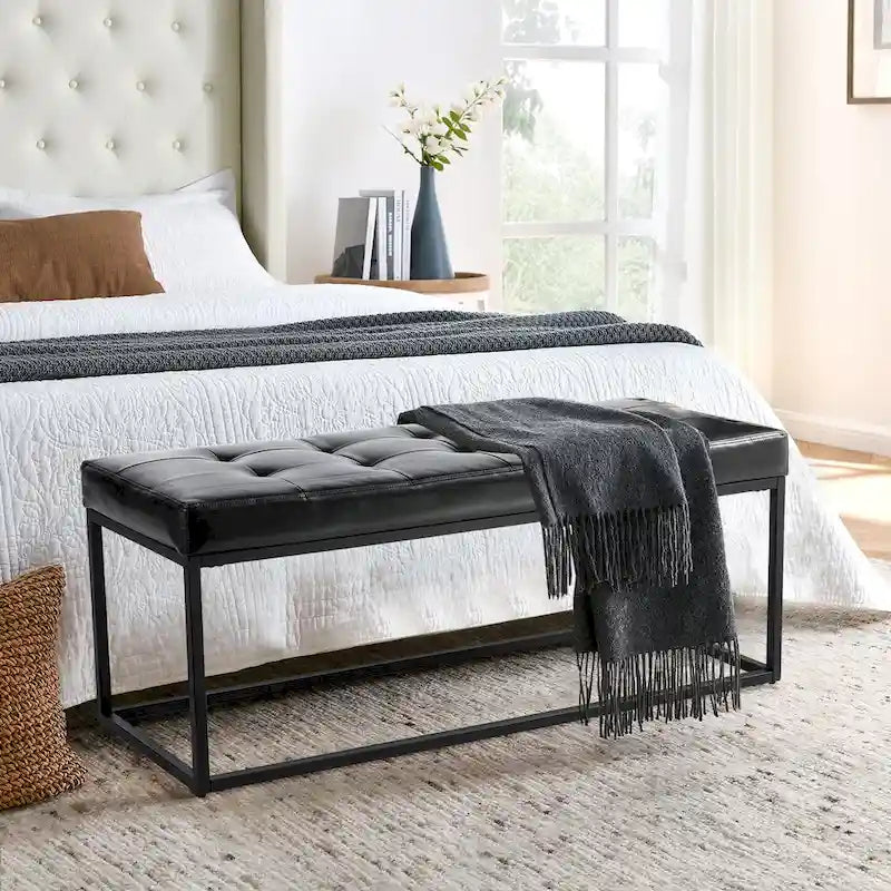  45W Modern Black Tufted Upholstered Bench with Metal Frame Legs - 45W x 19H x 17.5D
