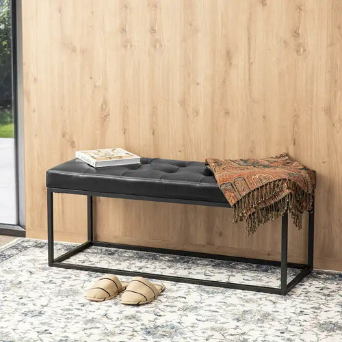 Banc rembourré capitonné moderne noir 45W avec pieds en métal – 45W x 19H x 17.5D