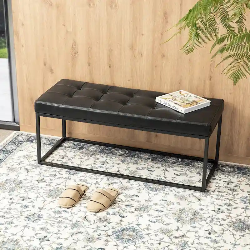 Banc rembourré capitonné moderne noir 45W avec pieds en métal – 45W x 19H x 17.5D