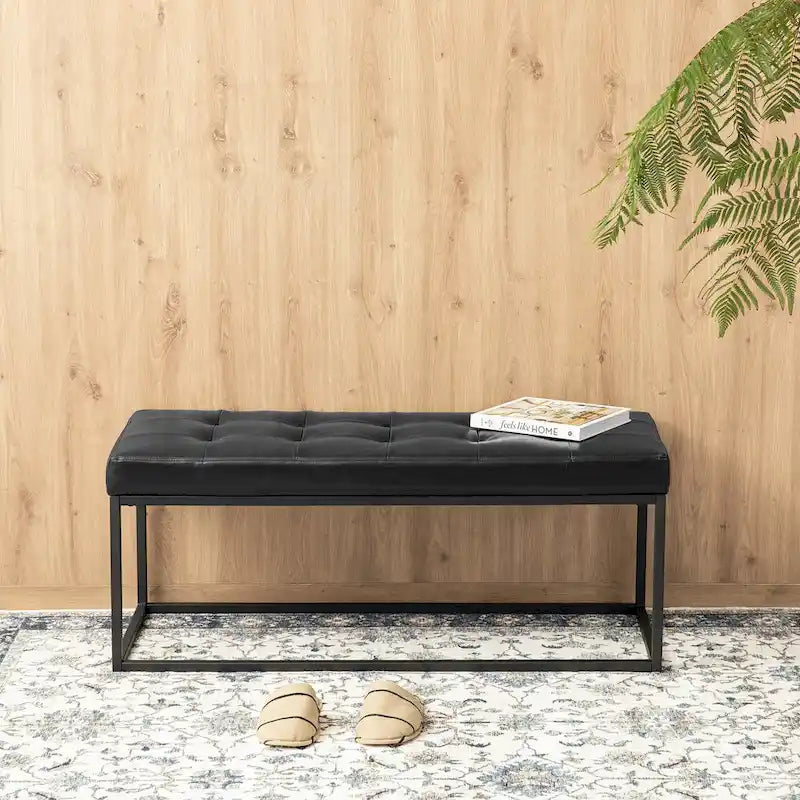 Banc rembourré capitonné moderne noir 45W avec pieds en métal – 45W x 19H x 17.5D