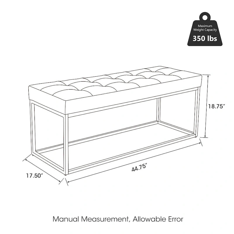 Banc rembourré capitonné moderne noir 45W avec pieds en métal – 45W x 19H x 17.5D