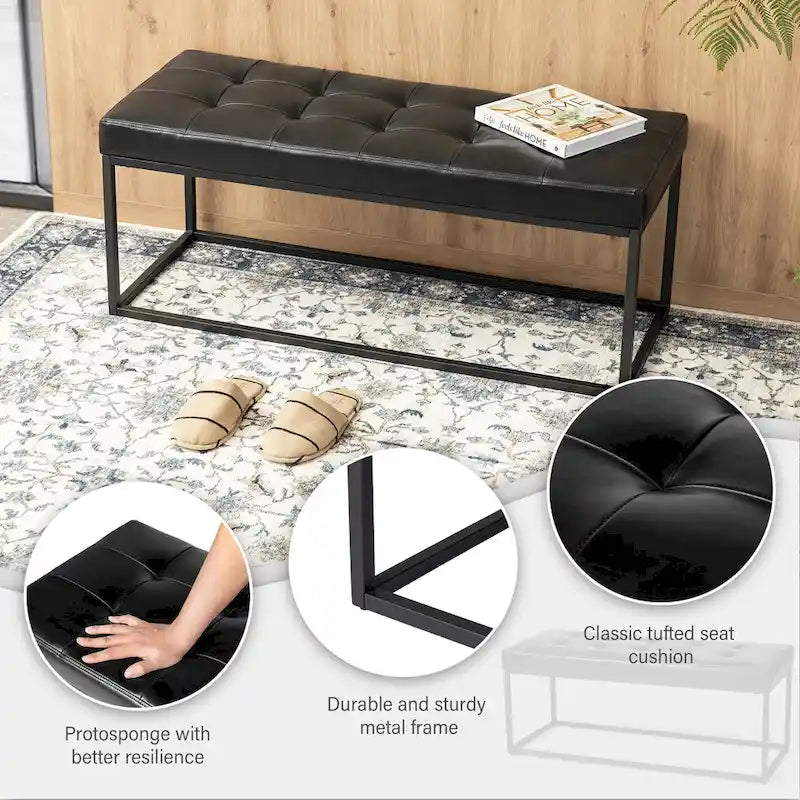 Banc rembourré capitonné moderne noir 45W avec pieds en métal – 45W x 19H x 17.5D