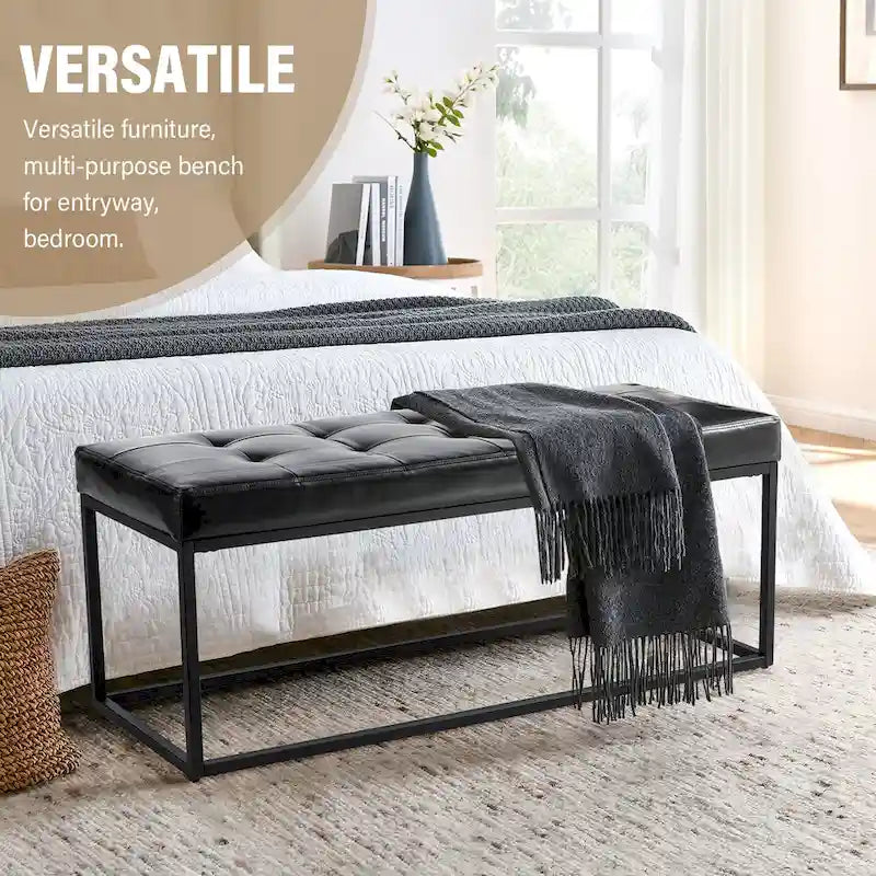 Banc rembourré capitonné moderne noir 45W avec pieds en métal – 45W x 19H x 17.5D