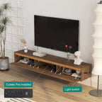 Meuble TV flottant, étagère TV murale avec lumières LED et prise de courant, meuble TV laqué brillant pour les meubles TV en bois de salon