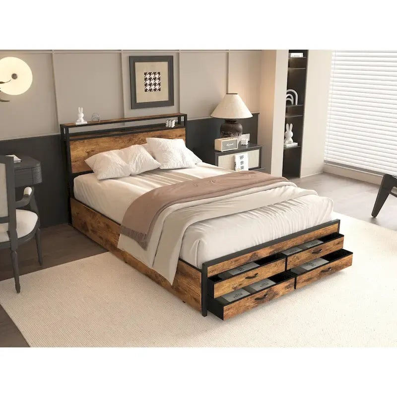 Lit plateforme Queen size avec lumières LED, station de charge et 8 tiroirs