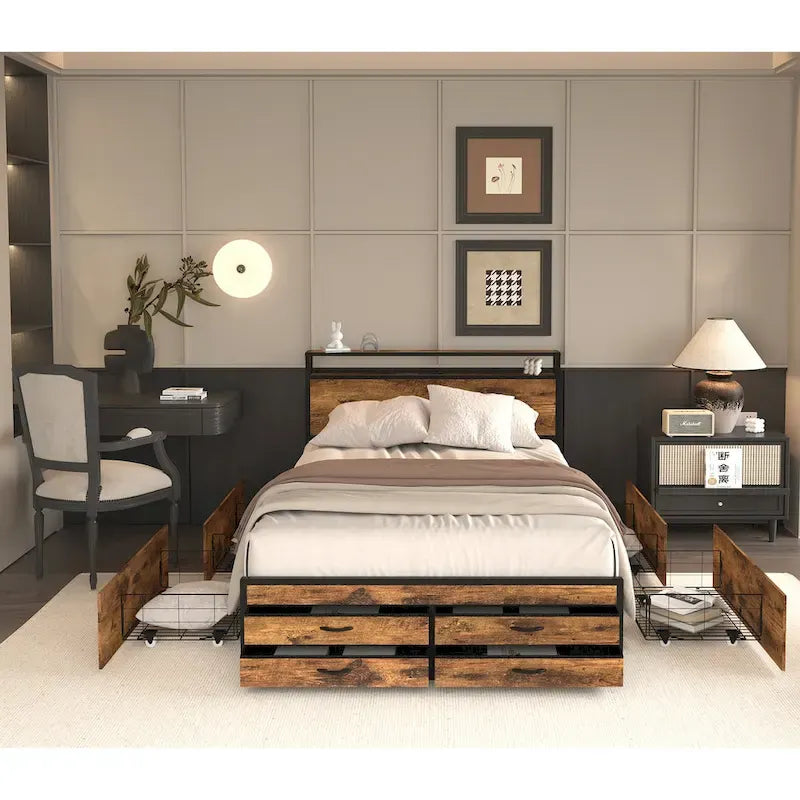 Lit plateforme Queen size avec lumières LED, station de charge et 8 tiroirs