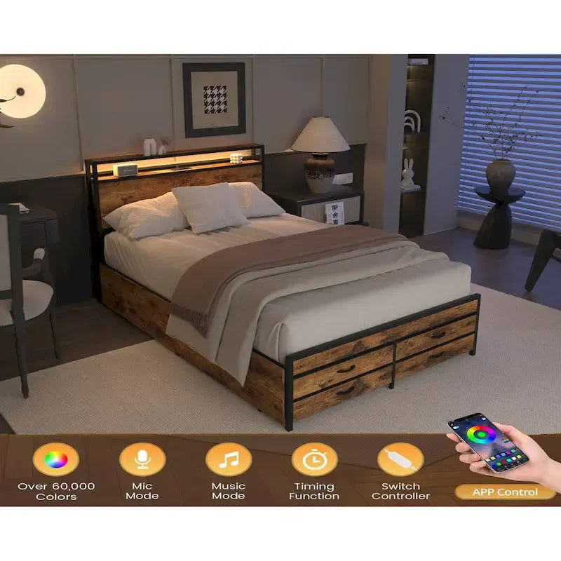 Lit plateforme Queen size avec lumières LED, station de charge et 8 tiroirs