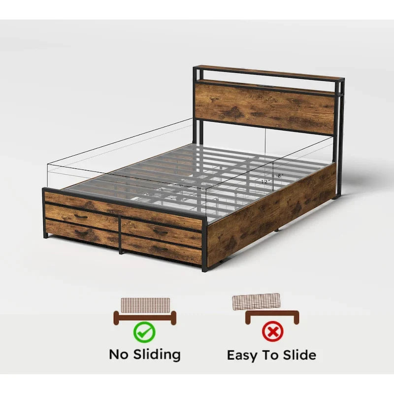 Lit plateforme Queen size avec lumières LED, station de charge et 8 tiroirs
