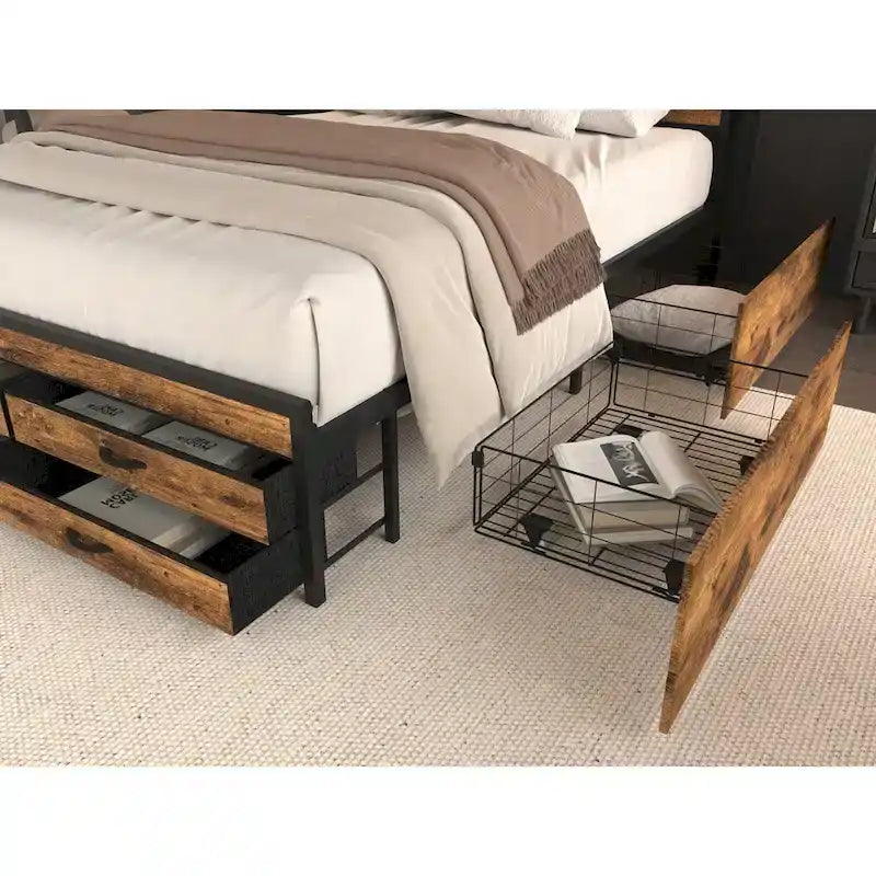 Lit plateforme Queen size avec lumières LED, station de charge et 8 tiroirs