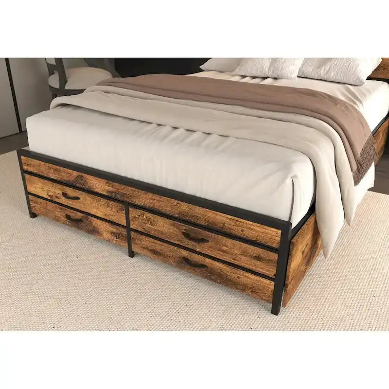 Lit plateforme Queen size avec lumières LED, station de charge et 8 tiroirs