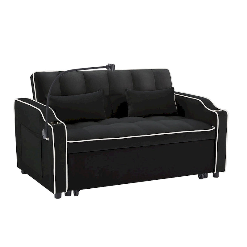 Canapé-lit pliable polyvalent en velours avec dossier réglable, port USB et support de téléphone