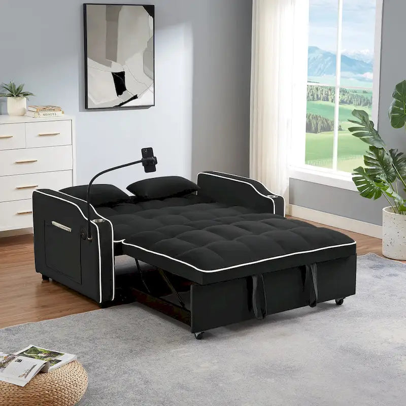 Canapé-lit pliable polyvalent en velours avec dossier réglable, port USB et support de téléphone