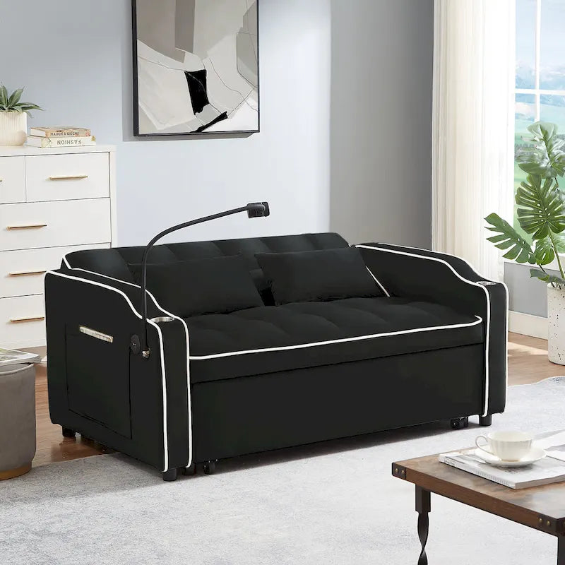 Canapé-lit pliable polyvalent en velours avec dossier réglable, port USB et support de téléphone