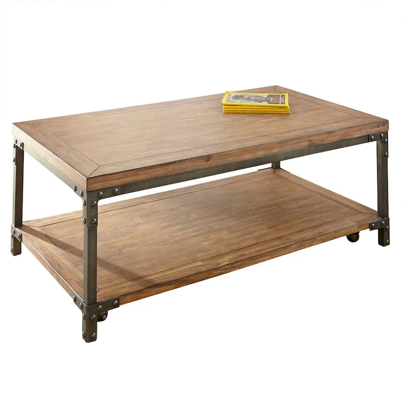 Table basse industrielle en bois et métal Leyburn avec roulettes