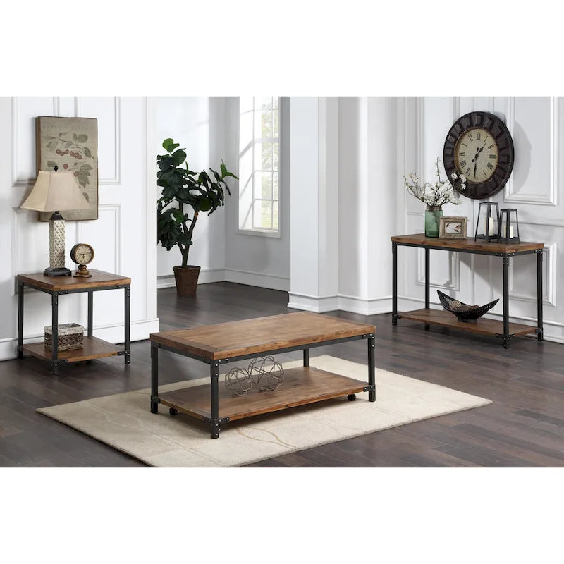 Table basse industrielle en bois et métal Leyburn avec roulettes