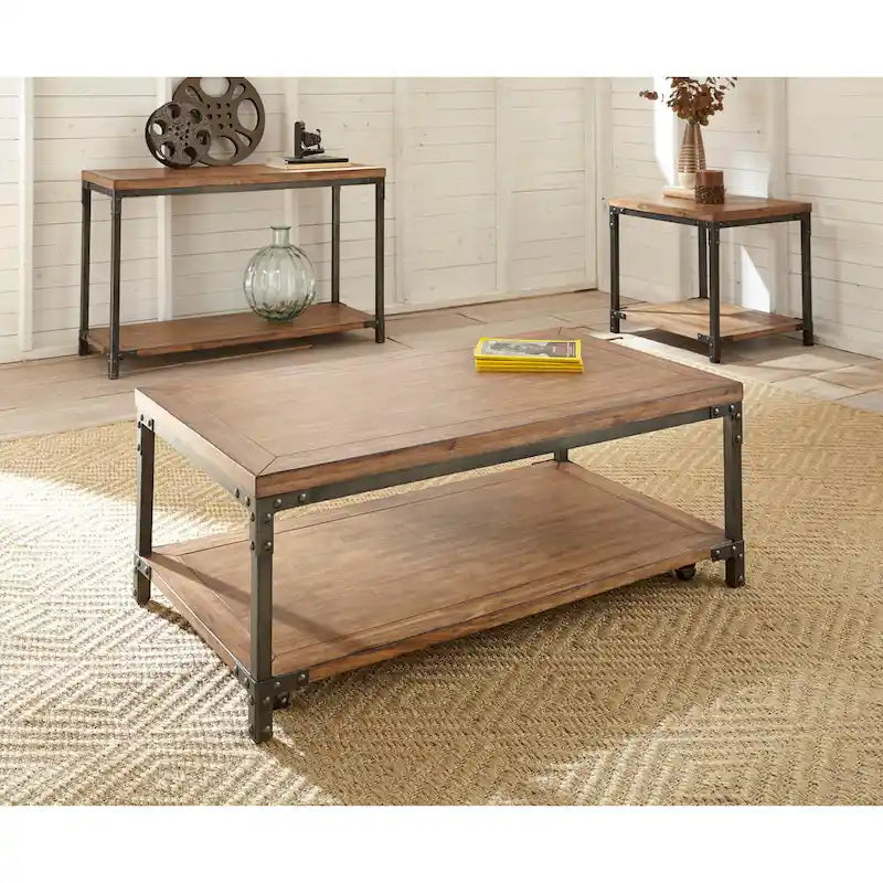 Table basse industrielle en bois et métal Leyburn avec roulettes