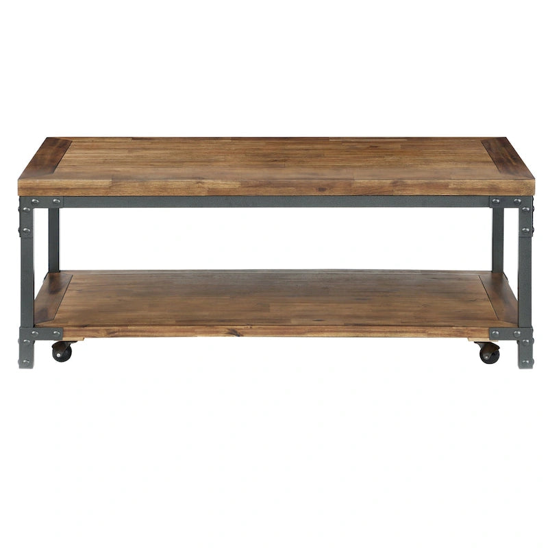 Table basse industrielle en bois et métal Leyburn avec roulettes