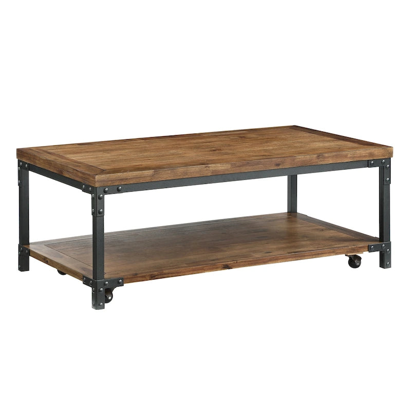 Table basse industrielle en bois et métal Leyburn avec roulettes