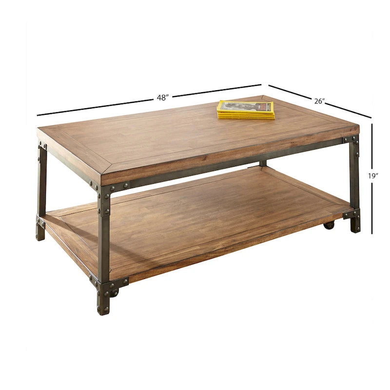 Table basse industrielle en bois et métal Leyburn avec roulettes
