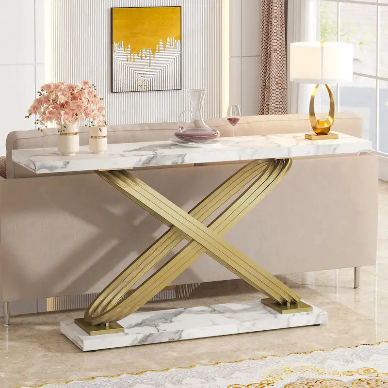 55 Long Sofa Table, Faux Modern Marble Console Table Behind Sofa Couch