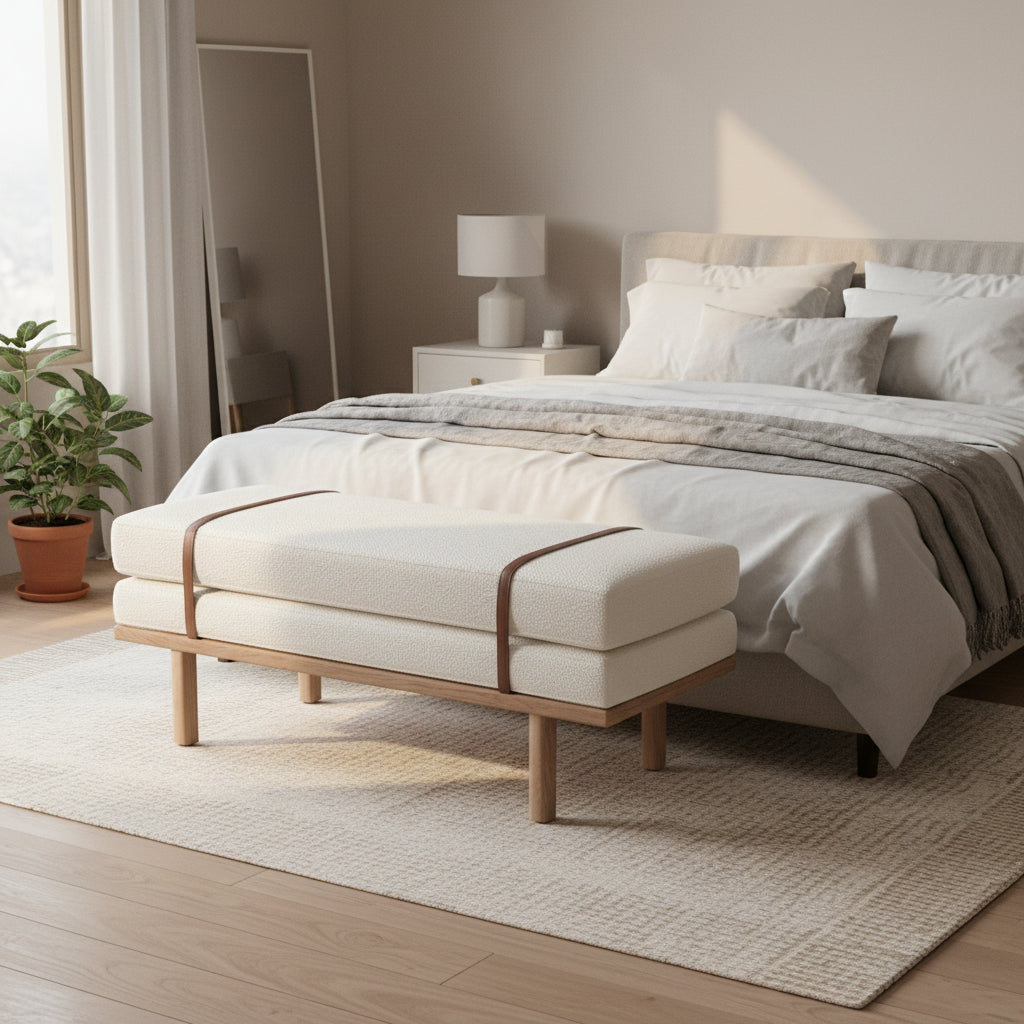 Banc rembourré avec piètement en bois