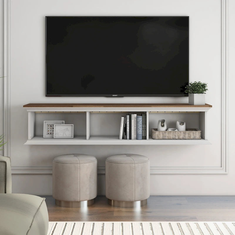Meuble TV mural flottant de 160 cm à 3 étagères Blanc de style de transition par