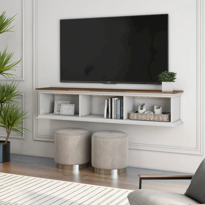 Meuble TV mural flottant de 160 cm à 3 étagères Blanc de style de transition par