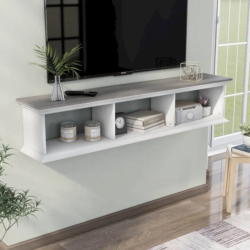 Meuble TV mural flottant de 160 cm à 3 étagères Blanc de style de transition par