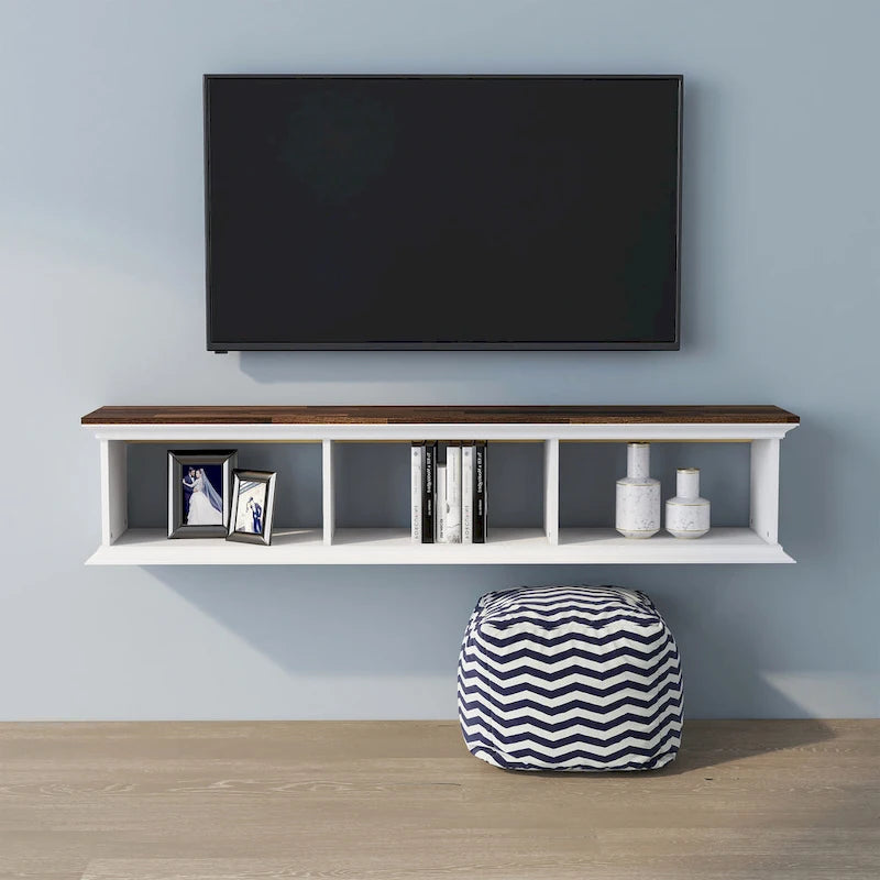 Meuble TV mural flottant de 160 cm à 3 étagères Blanc de style de transition par