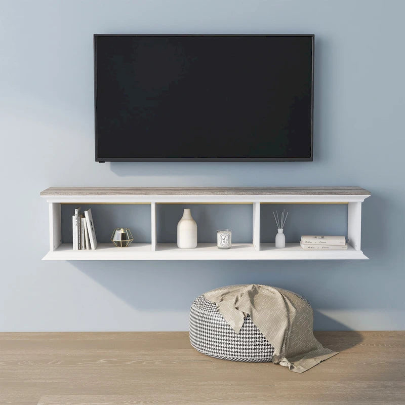 Meuble TV mural flottant de 160 cm à 3 étagères Blanc de style de transition par