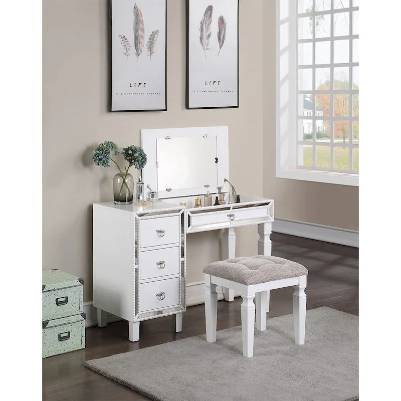 Ensemble coiffeuse avec tabouret en tissu et bois