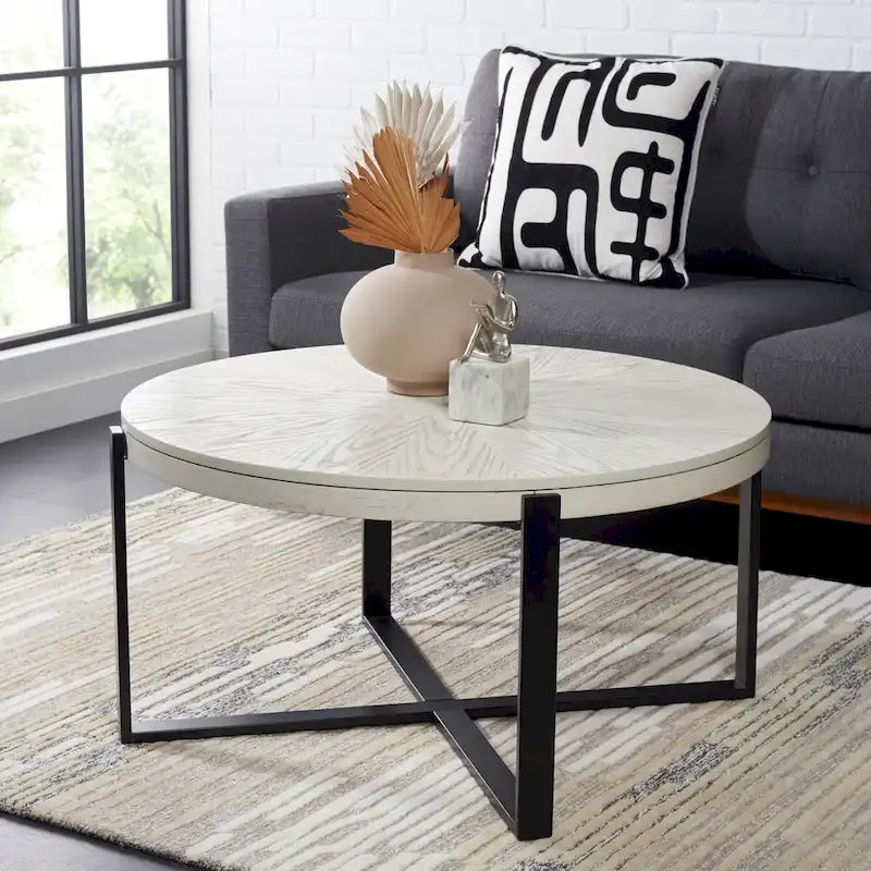 Table basse ronde Deetta en marbre blanc/noir - 91 L x 91 P x 46 H cm - 91Lx91Px46H