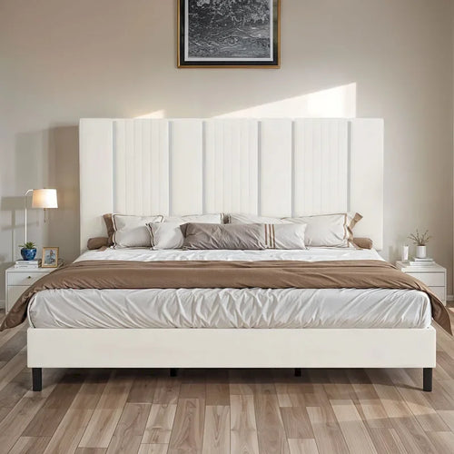 52 King Vertical Channel Tufted Headboard Velvet Upholstered Platform Bed Frame