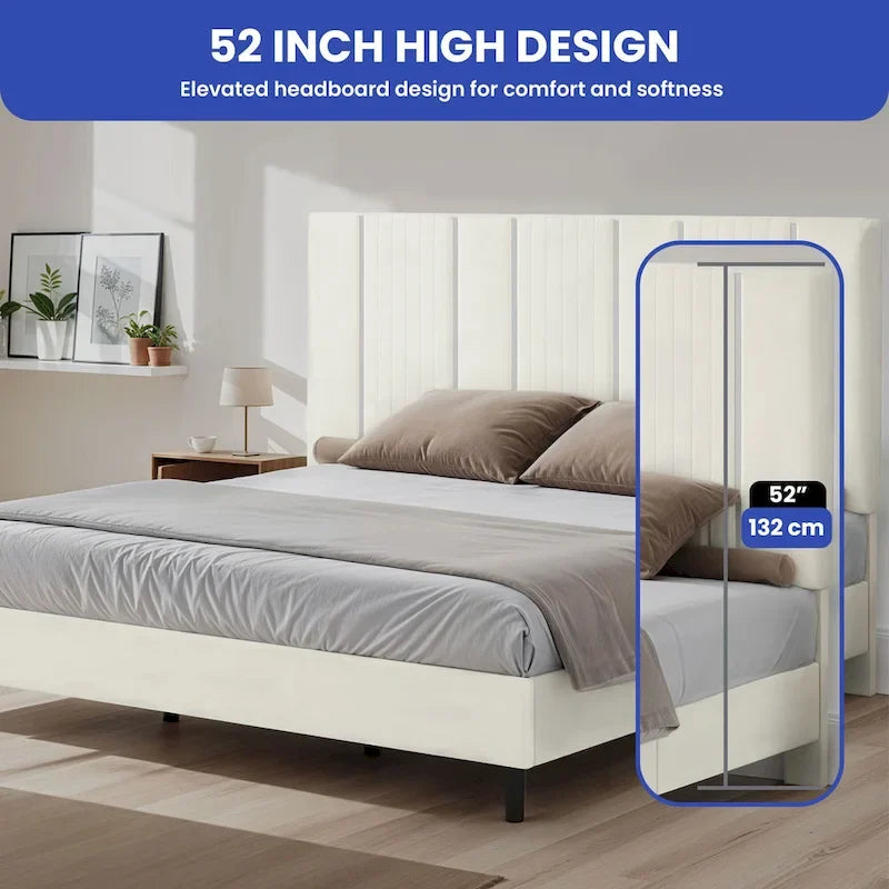 Cadre de lit plateforme 52 King, capitonné verticalement avec tête de lit en velours