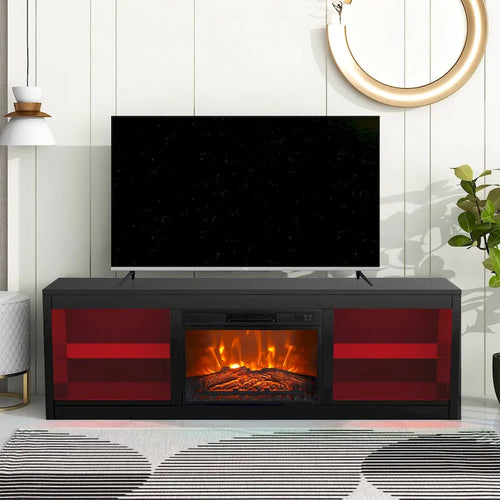 Meuble TV console avec cheminée électrique noire moderne de 66 pouces pour téléviseur de 75 pouces avec télécommande - Console de 66 pouces de large