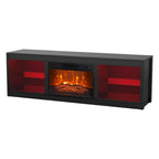 Meuble TV console avec cheminée électrique noire moderne de 66 pouces pour téléviseur de 75 pouces avec télécommande - Console de 66 pouces de large