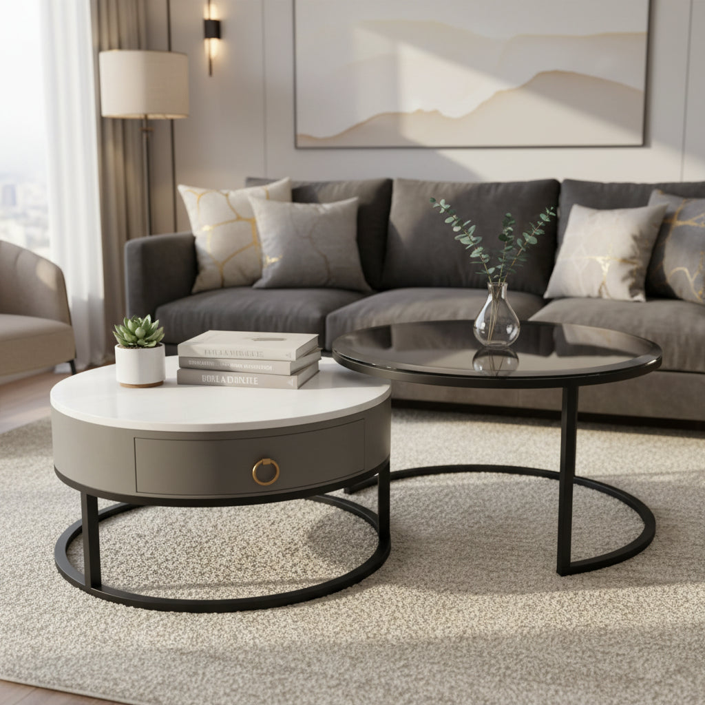 Table basse gigogne ronde imperméable en verre moderne avec tiroir