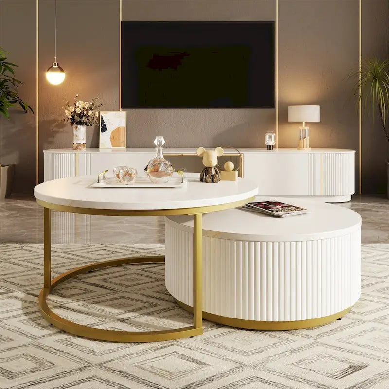 Modern Round Nesting Coffee Table with Drawer (Set of 2) by 