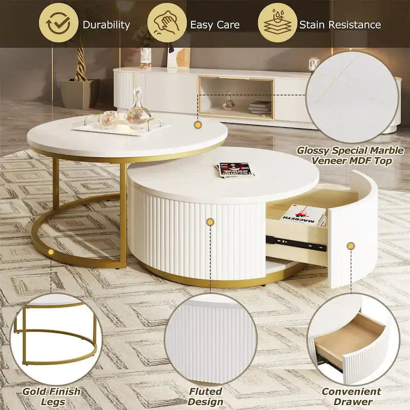 Table basse gigogne ronde et moderne avec tiroir (lot de 2) par