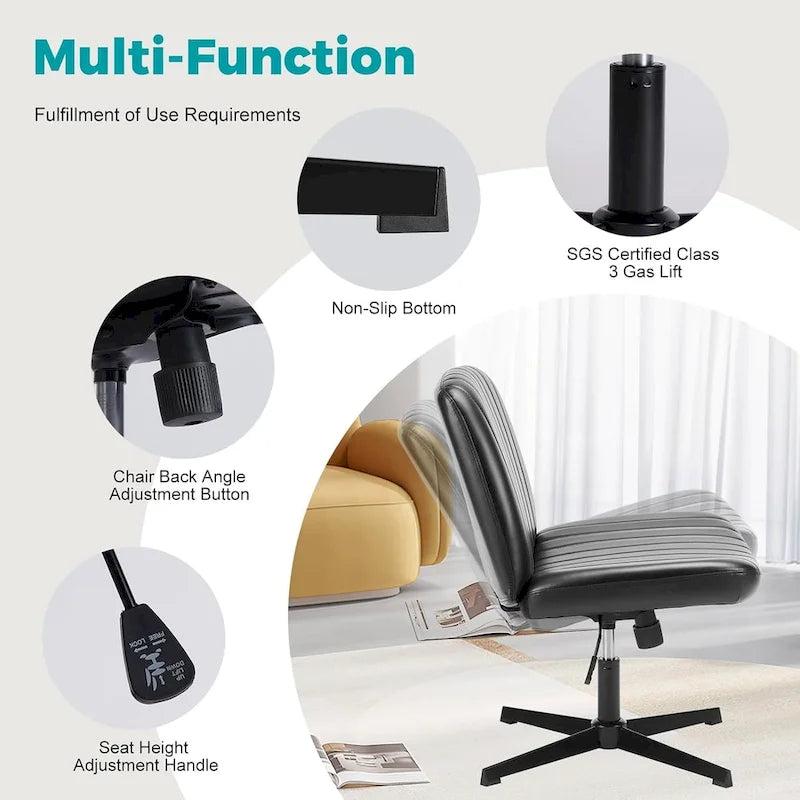Chaise de bureau sans roulettes, rembourrée, réglable, pivotante, sans accoudoirs, avec pieds croisés