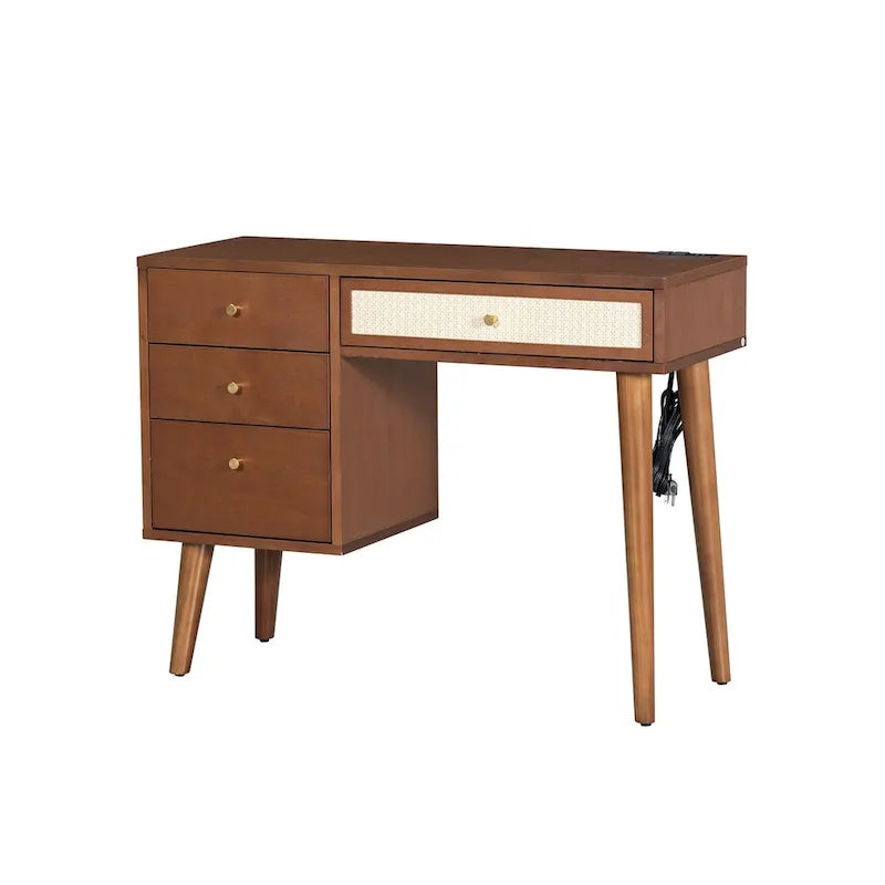 39Ensemble coiffeuse avec prise de charge et port USB et tabouret, table de maquillage avec 3 tiroirs de rangement, 1 tiroir en rotin rectangulaire