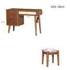 39Ensemble coiffeuse avec prise de charge et port USB et tabouret, table de maquillage avec 3 tiroirs de rangement, 1 tiroir en rotin rectangulaire